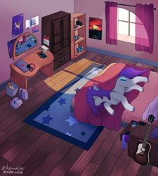 Size: 3085x3433 | Tagged: safe, artist:autumnsfur, imported from derpibooru, oc, oc only, oc:glitter stone, oc:prince whateverer, earth pony, pony, bed, bedroom, bedsheets, bisexual pride flag, blanket, chest fluff, computer, curtains, dawn, detailed background, diamond, digital art, eyes closed, female, g5, gray coat, grey fur, guitar, headphones, high res, indoors, laptop computer, lying down, lying on bed, mare, mirror, musical instrument, my little pony: a new generation, on bed, on side, pillow, poster parody, pride, pride flag, signature, sleeping, solo, sunset, wholesome, window