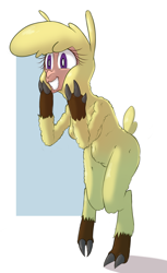 Size: 1004x1636 | Tagged: safe, artist:hitsuji, imported from derpibooru, alpaca, anthro, them's fightin' herds, bipedal, cloven hooves, community related, paprika (tfh), simple background, smiling, solo