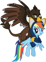 Size: 1973x2663 | Tagged: safe, artist:lightningbolt, derpibooru exclusive, imported from derpibooru, rainbow dash, oc, oc:quill rokbik, griffon, pegasus, pony, derpibooru community collaboration, .svg available, 2022 community collab, beak, carrying, clothes, duo, e621, eared griffon, female, fluffy, flying, happy, hoodie, looking at you, male, mare, open mouth, partially open wings, paws, show accurate, simple background, slit pupils, spread wings, svg, talons, transparent background, vector, wings