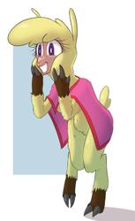 Size: 1004x1636 | Tagged: safe, artist:hitsuji, imported from derpibooru, alpaca, anthro, them's fightin' herds, breasts, clothes, cloven hooves, community related, featureless breasts, featureless crotch, female, paprika (tfh), poncho, solo