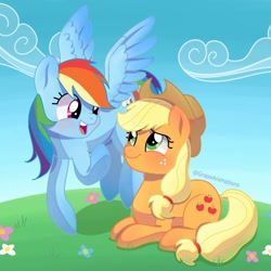 Size: 1080x1080 | Tagged: safe, artist:grapeanimations, imported from derpibooru, applejack, rainbow dash, earth pony, pegasus, pony, appledash, applejack's hat, backwards cutie mark, cloud, cowboy hat, female, flower, flying, freckles, grass, hat, lesbian, looking at each other, looking at someone, lying down, mare, open mouth, open smile, prone, raised hoof, shipping, sky, smiling, spread wings, wings