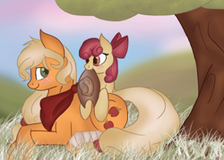 Size: 834x597 | Tagged: safe, artist:skybreeze-mastermc, imported from derpibooru, apple bloom, applejack, earth pony, pony, apple sisters, applejack's hat, cowboy hat, female, filly, grass, hat, lying down, mare, mouth hold, neckerchief, prone, siblings, sisters, smiling, tree