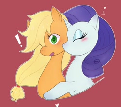 Size: 640x566 | Tagged: safe, artist:chocosugi, imported from derpibooru, applejack, rarity, cheek kiss, female, kissing, lesbian, rarijack, shipping, simple background