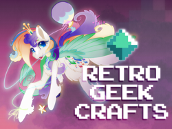 Size: 2991x2243 | Tagged: safe, artist:faunahoof, imported from derpibooru, oc, unnamed oc, pegasus, pony, balloon, crown, fanart, fantasy, flying, gift art, glowing, high res, jewelry, logo, multicolored hair, multicolored mane, pegasus wings, regalia, retro geek crafts, retrogeek crafts, unnamed character, unnamed pony, unshorn fetlocks, wand, wings