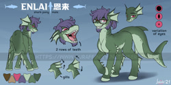 Size: 900x450 | Tagged: safe, artist:wwredgrave, imported from derpibooru, oc, oc:enlai, oc:恩来, original species, shark, shark pony, chinese, commission, gills, male, reference sheet, sharp teeth, solo, teeth