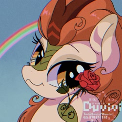 Size: 2000x2000 | Tagged: safe, artist:duvivi, imported from derpibooru, autumn blaze, kirin, autumn blaze's puppet, chromatic aberration, flower, high res, looking at you, rainbow, rose, smiling, solo, wavy mouth