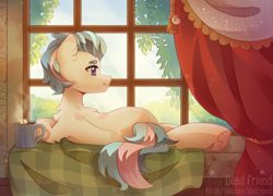 Size: 3696x2656 | Tagged: safe, artist:dedfriend, imported from derpibooru, oc, oc only, earth pony, pony, chest fluff, chocolate, cottagecore, ear fluff, food, freckles, high res, hot chocolate, looking back, lying down, marshmallow, mug, prone, smiling, solo, underhoof, window