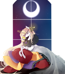 Size: 2300x2600 | Tagged: safe, artist:wuya, imported from derpibooru, oc, oc only, oc:altini white, pony, unicorn, clothes, dress, drink, high res, levitation, lidded eyes, magic, pillow, telekinesis, window