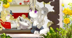 Size: 3220x1697 | Tagged: safe, artist:tingsan, imported from derpibooru, oc, oc only, oc:altini white, oc:chloe white, baking, book, curved horn, floppy ears, frown, horn, horns, levitation, magic, smiling, telekinesis