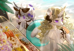 Size: 2388x1668 | Tagged: safe, artist:tingsan, imported from derpibooru, oc, oc:altini white, oc:chloe white, pony, unicorn, clothes, curved horn, dress, flower, flower in hair, food, horn, horns, ice cream, pastries, popsicle, sunglasses, wingding eyes