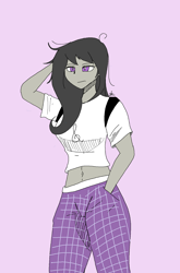 Size: 938x1424 | Tagged: safe, artist:zachc, imported from derpibooru, octavia melody, equestria girls, arm behind head, belly button, casual, clothes, female, hand in pocket, messy hair, midriff, pink background, simple background, solo