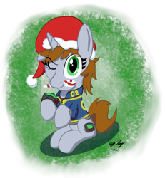 Size: 1439x1559 | Tagged: safe, artist:ebbysharp, imported from derpibooru, oc, oc:littlepip, pony, unicorn, fallout equestria, candy, candy cane, christmas, cute, female, food, hat, holiday, mare, mouth hold, ocbetes, one eye closed, pipabetes, santa hat, solo, wink