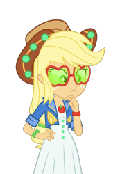 Size: 4000x5786 | Tagged: safe, artist:asrafpie, imported from derpibooru, applejack, equestria girls, equestria girls series, festival filters, spoiler:eqg series (season 2), applejack's sunglasses, hand on hip, music festival outfit, simple background, solo, sunglasses, thinking, transparent background, vector