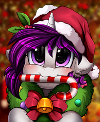 Size: 1446x1764 | Tagged: safe, artist:pridark, imported from derpibooru, oc, oc only, pony, unicorn, :3, bell, blushing, candy, candy cane, christmas, christmas wreath, food, hat, holiday, santa hat, solo, wreath