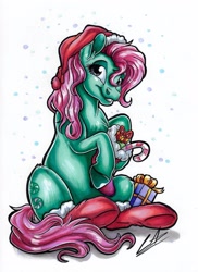 Size: 2481x3405 | Tagged: safe, artist:lupiarts, imported from derpibooru, minty, earth pony, pony, candy, candy cane, christmas, clothes, cute, drawing, food, hat, high res, holiday, santa hat, sitting, socks, solo, traditional art