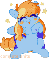 Size: 715x868 | Tagged: safe, artist:cutiesparke, derpibooru exclusive, imported from derpibooru, oc, oc only, oc:aurelia coe, earth pony, pony, blue fur, blushing, bow, chest fluff, ear fluff, female, freckles, happy, hoof heart, orange mane, pigtails, raised hoof, signature, simple background, sitting, smiling, solo, stars, tail, tail bow, transparent background, twintails