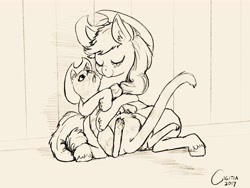 Size: 4096x3072 | Tagged: safe, artist:cigitia, imported from derpibooru, applejack, cat, earth pony, pony, hug