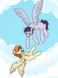 Size: 1500x2000 | Tagged: safe, artist:bloodysticktape, imported from derpibooru, oc, oc:burger bee, pegasus, cloud, flying, freckles, hat, tongue out