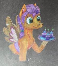 Size: 3024x3410 | Tagged: safe, artist:pony-from-everfree, imported from derpibooru, sunny starscout, earth pony, pony, ball, black background, black paper, chest fluff, colored pencil drawing, cupcake, female, filly, filly sunny starscout, food, furry, g5, high res, my little pony: a new generation, ponytail, simple background, solo, tennis ball, traditional art, tray, unicorn cupcake, wings, younger