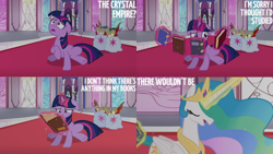 Size: 1280x720 | Tagged: safe, edit, edited screencap, editor:quoterific, imported from derpibooru, screencap, princess celestia, twilight sparkle, alicorn, pony, unicorn, season 3, the crystal empire, crown, eyes closed, female, floppy ears, jewelry, magic, mare, open mouth, regalia, telekinesis, unicorn twilight