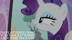 Size: 1280x720 | Tagged: safe, edit, edited screencap, editor:quoterific, imported from derpibooru, screencap, rarity, pony, unicorn, baby cakes, season 2, carousel boutique, female, mare, open mouth, open smile, smiling, solo, tree