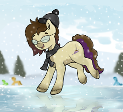 Size: 2085x1913 | Tagged: safe, artist:waffletheheadmare, imported from derpibooru, oc, oc:cj vampire, earth pony, pony, clothes, glasses, hat, hooves, ice, jumping, reflection, scarf, smiling, snow, snowfall, snowflake, solo