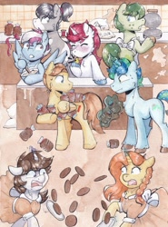 Size: 4901x6607 | Tagged: safe, artist:lightisanasshole, imported from derpibooru, oc, oc only, oc:dorm pony, oc:steam loco, oc:stjonal, oc:stroopwafeltje, oc:waffles, android, earth pony, pegasus, pony, robot, unicorn, bowl, clothes, colored hooves, cooking, dress, falling, floor, flour, food, group, kitchen, levitation, magic, maid, messy, nervous sweat, plate, ponycon holland, ribbon, spatula, stacking, surprised, sweat, sweatdrop, telekinesis, traditional art, tripping, waffle, watercolor painting, whistle