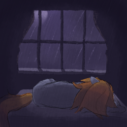 Size: 1600x1600 | Tagged: safe, artist:phat_guy, imported from derpibooru, oc, oc only, oc:darkest hour, earth pony, pony, bed, curtains, depressed, depression, female, floppy ears, gray coat, lying down, lying on bed, messy hair, messy mane, moon, moonlight, night, on bed, on side, orange hair, orange tail, pillow, rain, sad, solo, tail, window