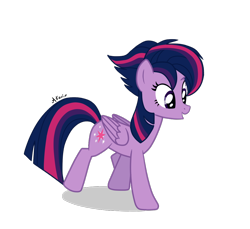 Size: 1072x982 | Tagged: safe, artist:avonir, imported from derpibooru, twilight sparkle, alicorn, pony, alternate hairstyle, eyelashes, female, folded wings, full body, mare, multicolored mane, multicolored tail, open mouth, purple eyes, shadow, signature, simple background, solo, tail, transparent background, twilight sparkle (alicorn), wings