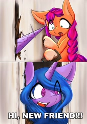 Size: 2867x4096 | Tagged: safe, artist:zemlya, imported from derpibooru, izzy moonbow, sunny starscout, earth pony, pony, unicorn, comic, dialogue, door, g5, here's johnny, hi new friend, insanity, izzy impaling things, movie reference, my little pony: a new generation, parody, pinpoint eyes, scared, smiling, swirly eyes, the shining, wide eyes, yandere, yandereizzy