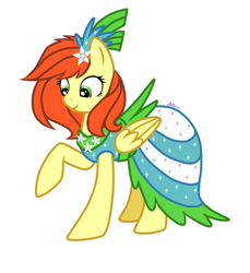 Size: 2200x2400 | Tagged: safe, artist:avonir, imported from derpibooru, oc, pegasus, pony, clothes, dress, eyelashes, female, flower, flower in hair, high res, mare, pegasus oc, raised hoof, signature, simple background, smiling, solo, white background, wings