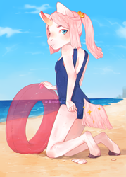 Size: 2000x2800 | Tagged: safe, artist:qawakie, imported from derpibooru, oc, oc only, anthro, unguligrade anthro, unicorn, beach, clothes, eyelashes, female, floaty, high res, horn, kneeling, one-piece swimsuit, outdoors, signature, solo, swimsuit, unicorn oc