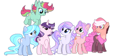 Size: 3000x1335 | Tagged: safe, artist:enifersuch, imported from derpibooru, oc, oc only, pegasus, unicorn, base used, eyelashes, group, horn, looking back, pegasus oc, raised hoof, simple background, smiling, transparent background, unicorn oc