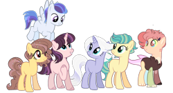 Size: 2500x1348 | Tagged: safe, artist:enifersuch, imported from derpibooru, oc, oc only, draconequus, earth pony, pegasus, unicorn, draconequus oc, earth pony oc, eyelashes, female, flying, group, hoof on chest, horn, mare, pegasus oc, simple background, smiling, transparent background, unicorn oc