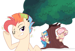 Size: 2880x1953 | Tagged: safe, artist:khimi-chan, imported from derpibooru, oc, oc only, ear piercing, female, hiding, male, mare, multicolored hair, one eye closed, piercing, rainbow hair, simple background, smiling, stallion, transparent background, tree, wink