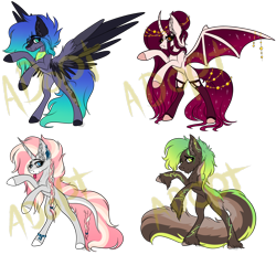 Size: 3492x3224 | Tagged: safe, artist:beamybutt, imported from derpibooru, oc, oc only, alicorn, bat pony, bat pony alicorn, earth pony, pegasus, pony, unicorn, base used, bat pony oc, bat wings, ear fluff, earth pony oc, high res, horn, pegasus oc, rearing, simple background, transparent background, unicorn oc, wings