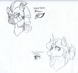 Size: 1767x1660 | Tagged: safe, artist:ask-y, imported from derpibooru, oc, oc only, oc:castor, oc:upendi, hybrid, pony, unicorn, zebra, zony, bust, duo, eyelashes, horn, male, offspring, parent:trixie, parent:trouble shoes, parent:zecora, parent:zephyr breeze, smiling, stallion, traditional art, unicorn oc, zebra oc