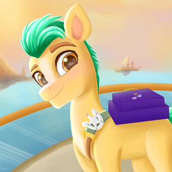 Size: 2100x2100 | Tagged: safe, artist:pipp_petal, imported from derpibooru, hitch trailblazer, pipp petals, earth pony, pony, badge, g5, high res, male, my little pony: a new generation, ocean, smiling, solo, stallion, sunset