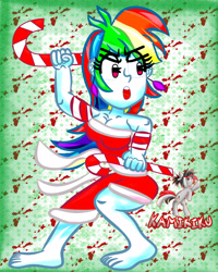 Size: 2400x3000 | Tagged: safe, artist:kamikiku, imported from derpibooru, rainbow dash, equestria girls, :o, barefoot, breasts, busty rainbow dash, candy, candy cane, christmas, clothes, costume, feet, food, high res, holiday, open mouth, santa costume