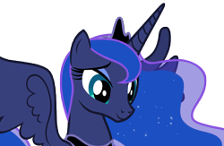 Size: 10170x6651 | Tagged: safe, artist:andoanimalia, imported from derpibooru, princess luna, alicorn, pony, luna eclipsed, absurd resolution, bust, crown, female, horn, jewelry, mare, regalia, simple background, smiling, solo, spread wings, teal eyes, transparent background, vector, wings