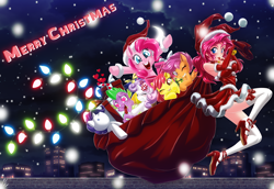 Size: 5082x3500 | Tagged: safe, artist:mauroz, imported from derpibooru, apple bloom, pinkie pie, rarity, scootaloo, spike, sweetie belle, dragon, earth pony, human, pegasus, pony, unicorn, absurd file size, absurd resolution, anime, bag, breasts, christmas, clothes, costume, cutie mark crusaders, female, hat, heart eyes, high heels, holiday, human ponidox, humanized, implied shipping, implied sparity, implied straight, male, mare, plushie, sack, santa claus, santa costume, santa hat, self paradox, self ponidox, shoes, snow, socks, stockings, thigh highs, wingding eyes