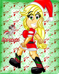 Size: 2400x3000 | Tagged: safe, artist:kamikiku, imported from derpibooru, applejack, equestria girls, breasts, busty applejack, christmas, clothes, costume, grin, high res, holiday, santa costume, smiling