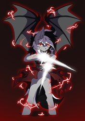 Size: 2481x3507 | Tagged: safe, artist:arctic-fox, imported from derpibooru, oc, oc:stormdancer, bat pony, undead, vampire, vampony, armor, badass, bat pony oc, bat wings, bipedal, dark form tier 2, electricity, high res, looking at you, male, spirit sword, stallion, wings