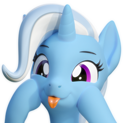 Size: 1280x1280 | Tagged: safe, artist:xppp1n, imported from derpibooru, trixie, pony, unicorn, 3d, :p, bust, cute, diatrixes, eyebrows, eyelashes, female, hooves on cheeks, horn, looking at you, mare, mlem, portrait, purple eyes, silly, simple background, smiling, smiling at you, solo, tongue out, transparent background