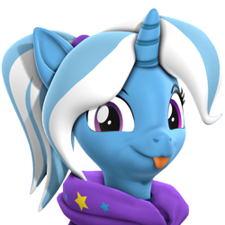 Size: 2160x2160 | Tagged: safe, artist:xppp1n, imported from derpibooru, trixie, pony, unicorn, 3d, alternate hairstyle, babysitter trixie, clothes, cute, diatrixes, eyelashes, female, hairband, high res, hoodie, horn, looking at you, mare, mlem, silly, simple background, smiling, smiling at you, solo, source filmmaker, tongue out, transparent background