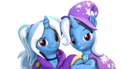 Size: 3840x2160 | Tagged: safe, artist:xppp1n, imported from derpibooru, trixie, pony, unicorn, 3d, alternate hairstyle, babysitter trixie, brooch, cape, clothes, duality, eyelashes, female, hairband, hat, high res, hoodie, horn, jewelry, looking at you, mare, simple background, smiling, smiling at you, source filmmaker, transparent background, trixie's brooch, trixie's cape, trixie's hat