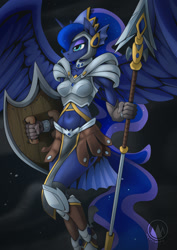 Size: 955x1351 | Tagged: safe, artist:mysticalpha, imported from derpibooru, princess luna, alicorn, anthro, armor, belly button, midriff, shield, solo, spear, unconvincing armor, valkyrie, weapon