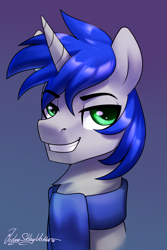 Size: 2000x3000 | Tagged: safe, artist:jedayskayvoker, imported from derpibooru, oc, oc only, unicorn, bust, clothes, evil grin, gradient background, grin, high res, horn, icon, male, oc name needed, portrait, scarf, smiling, solo, stallion, unicorn oc