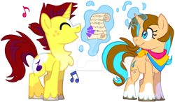 Size: 1280x748 | Tagged: safe, artist:rohans-ponies, imported from derpibooru, oc, oc only, oc:jolly tunes, oc:quill, pony, unicorn, deviantart watermark, female, magic, mare, music notes, obtrusive watermark, pansexual pride flag, pride, pride flag, simple background, transparent background, watermark