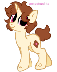 Size: 452x562 | Tagged: safe, alternate version, artist:cutiesparke, derpibooru exclusive, imported from derpibooru, oc, oc only, oc:chocolate panini, pony, unicorn, brown mane, brown tail, curly hair, full body, horn, looking at you, male, pink eyes, short tail, show accurate, simple background, smiling, solo, tail, transparent background, unicorn oc, unshorn fetlocks, watermark, yellow fur